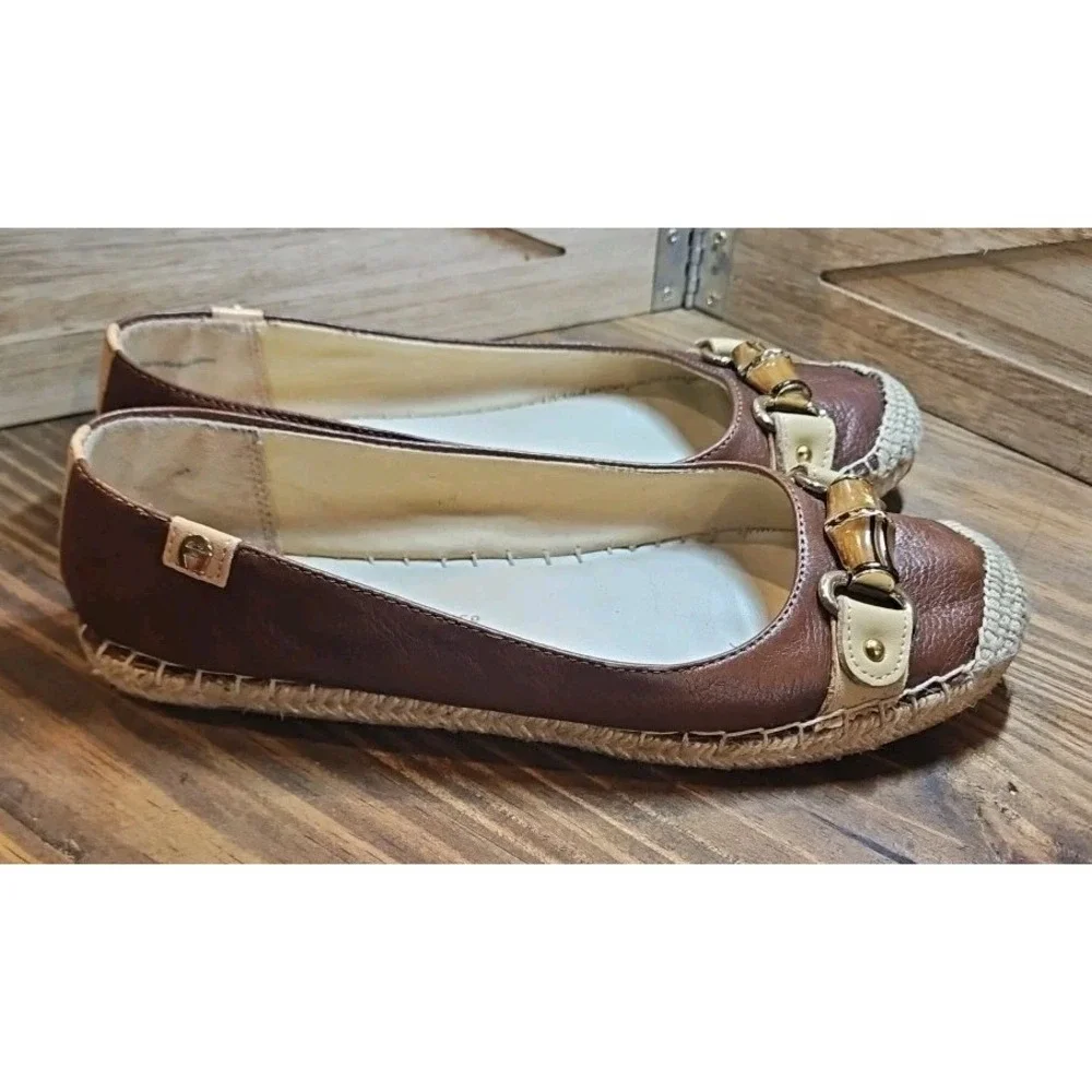 Vtg Etienne‎ Aigner Espadrille Ballet Flats 7.5 Brown Leather Bamboo Boho #427